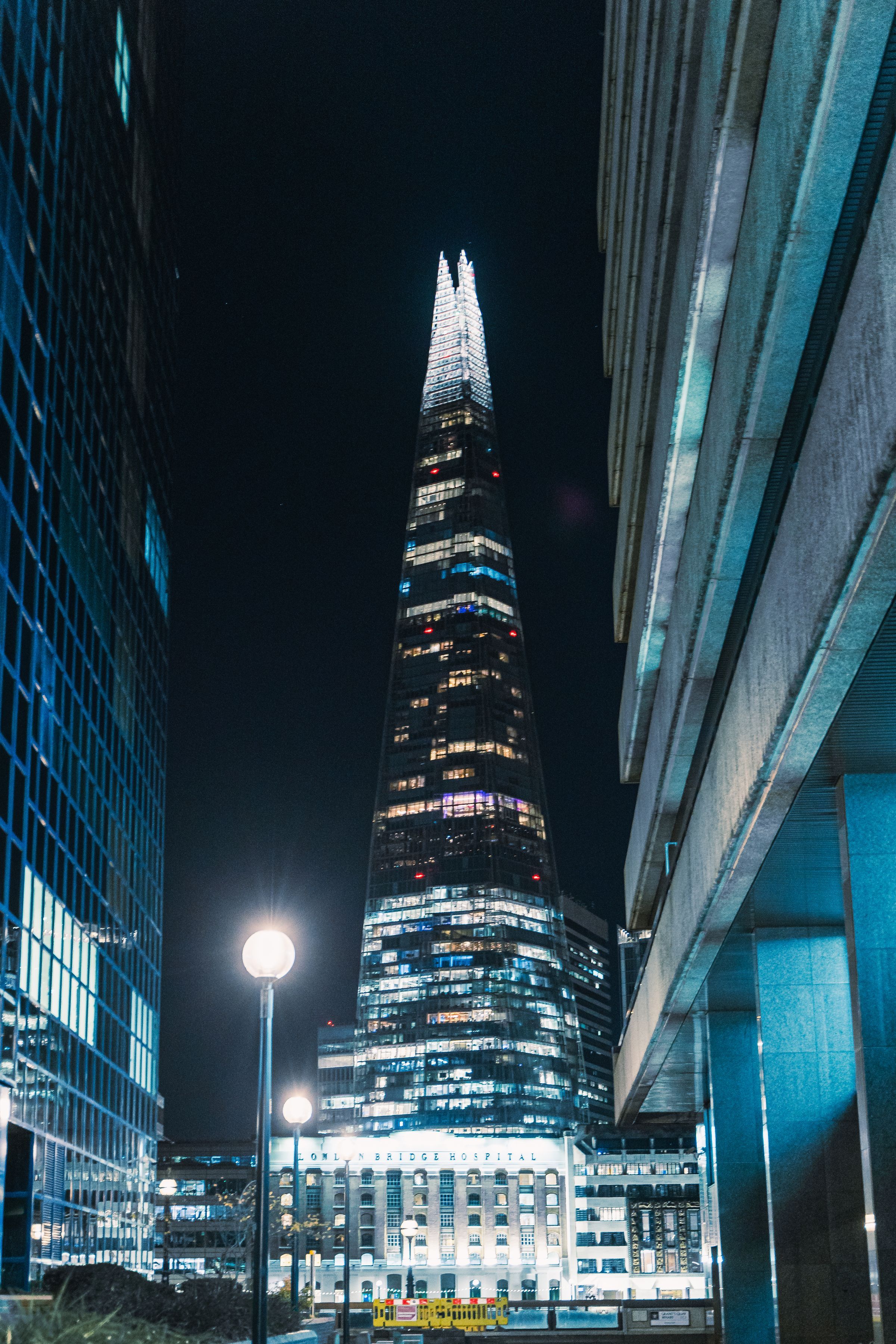 Looking up at the Shard in London at night